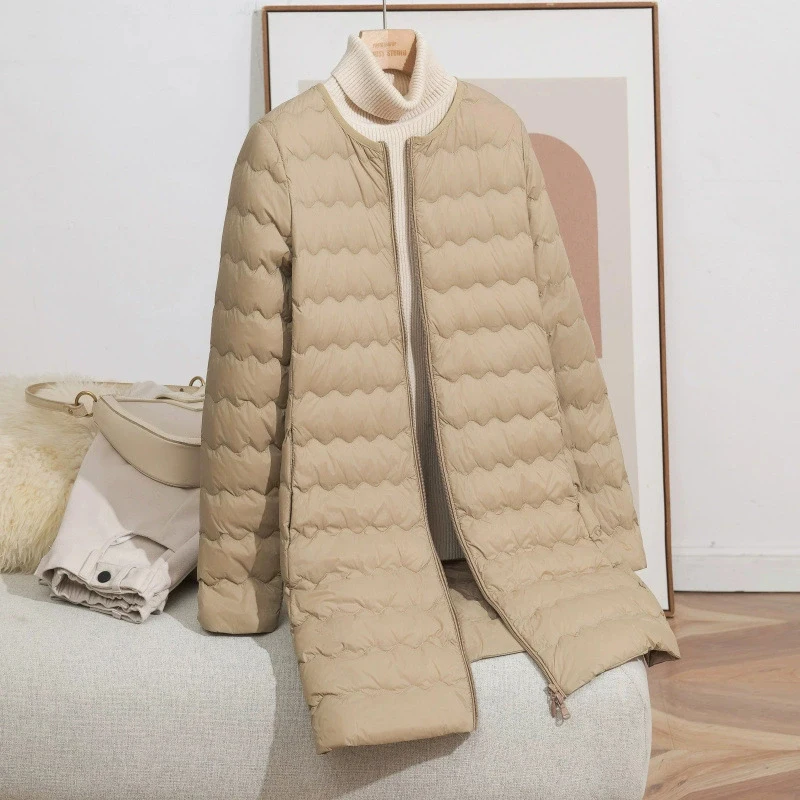 Schinteon Women's Lightweight White Duck down Long Jacket Casual Collarless Autumn Winter High Qaulity Outwear 2025 Slim Coat