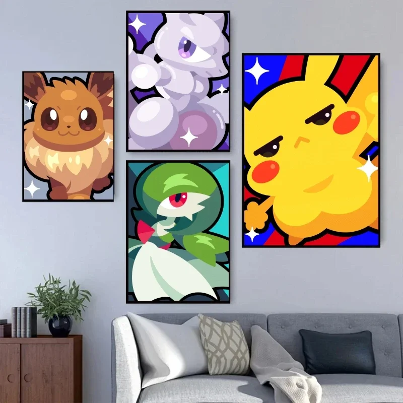 Lienzo de Pokémon Pikachu Mewtwo Eevee, bonito póster impreso, arte de pared, decoración del hogar, regalo para niños, imagen de personaje de dibujos animados clásico