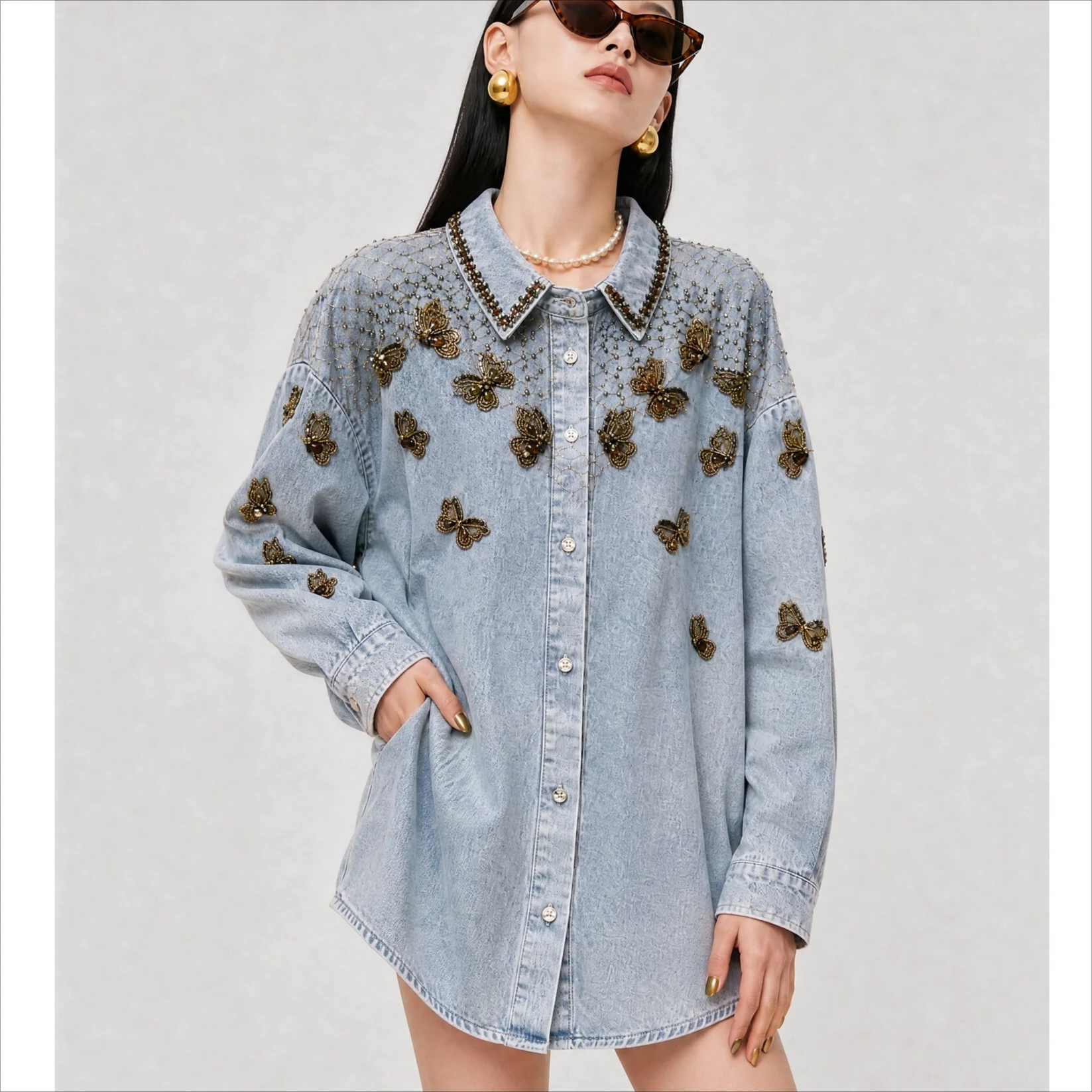 Butterfly Beaded Sequin Embroidery Denim Jacket Women Blouse Shirt Vintage Cotton Long Sleeve Loose Oversized Denim Jackets Coat