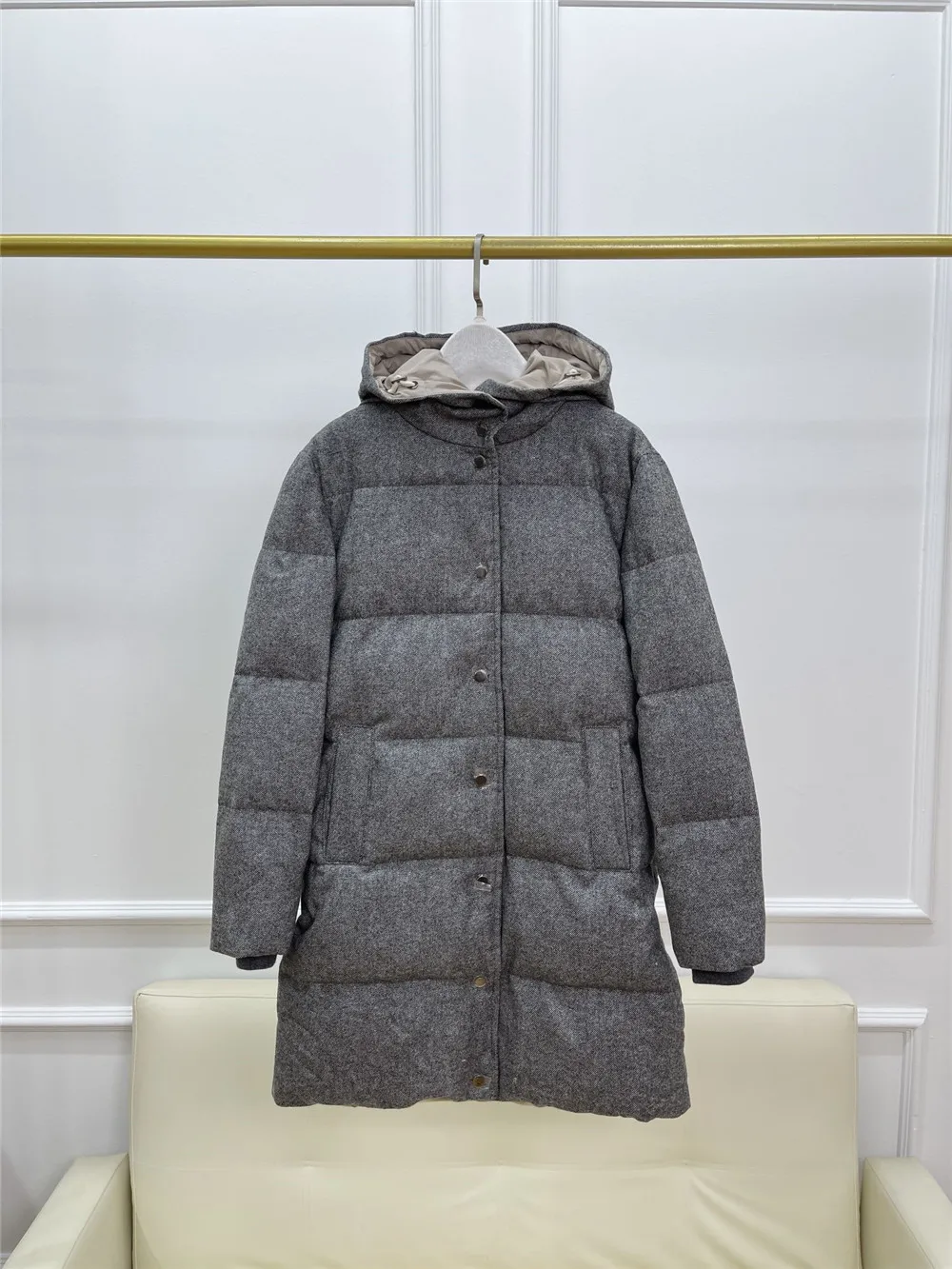 2024 Women's Fake Two-Piece Hooded Wool Cashmere Goose Down Jacket Winter Thick Warm Mid-Length Bread Coat