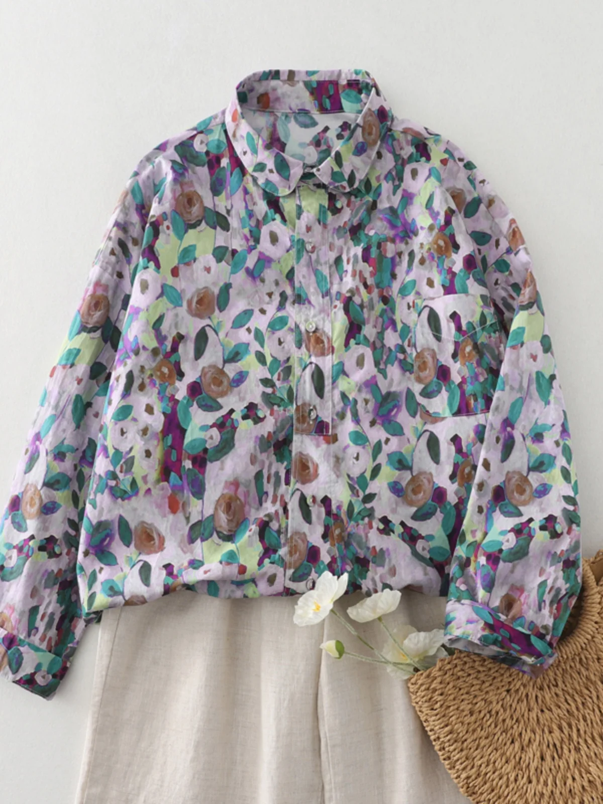 

Loose Fit Long Sve Rose Print irt Women's Vintage Design Casual Open Cardigan Top Korean Sle Faion Sun Protection