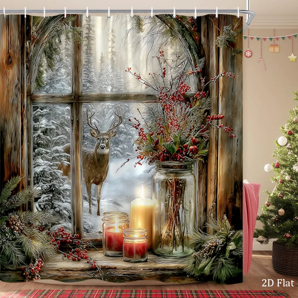 High Quality Christmas Winter Forest Shower Curtain Rustic Cabin Woodland Deer Scene Bathroom Shower Curtain Holiday Decor Print