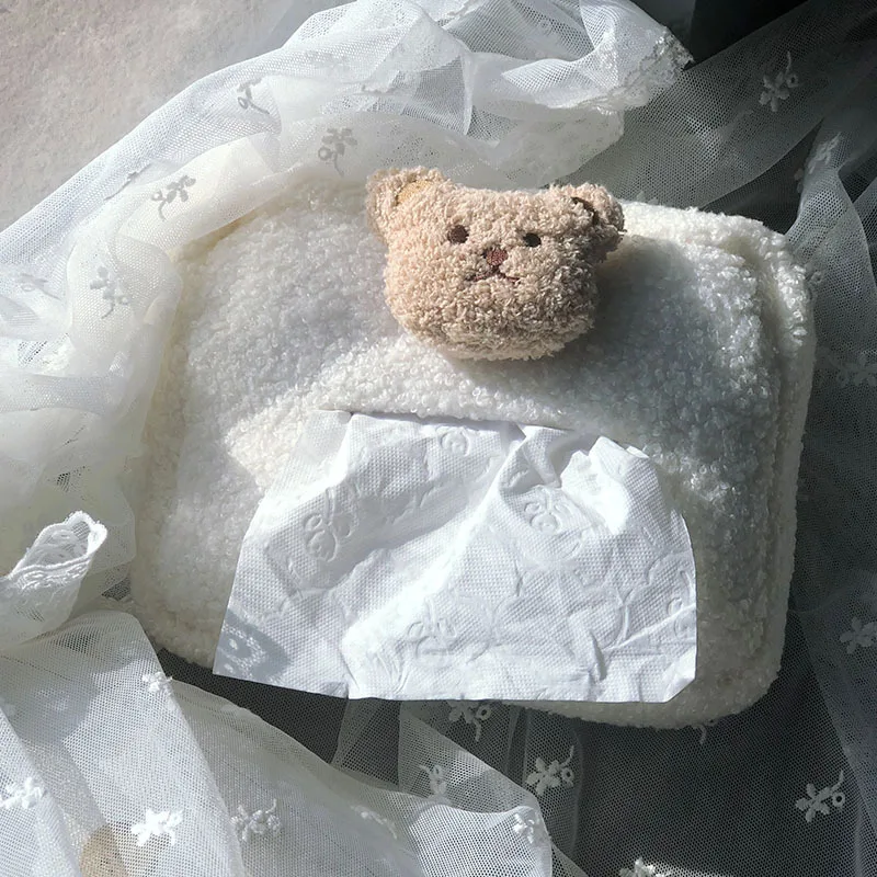 Ins Car Tissue Box Children Cute Bear Put Paper Cover Car Back Seat Tissue Box Rear Seat Paper Bag Velvet Cover Car Carton