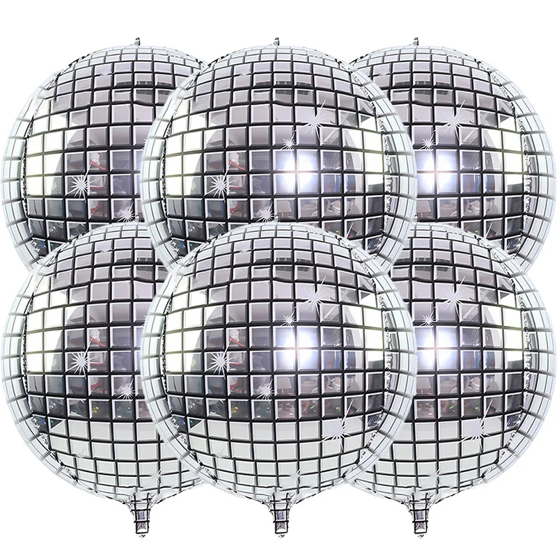 Conjunto de Balões Metálicos Disco 4D Prateados de 2/4/6 peças, 10/15/22 polegadas, para Decoração de Festas Disco, Casamentos e Aniversários