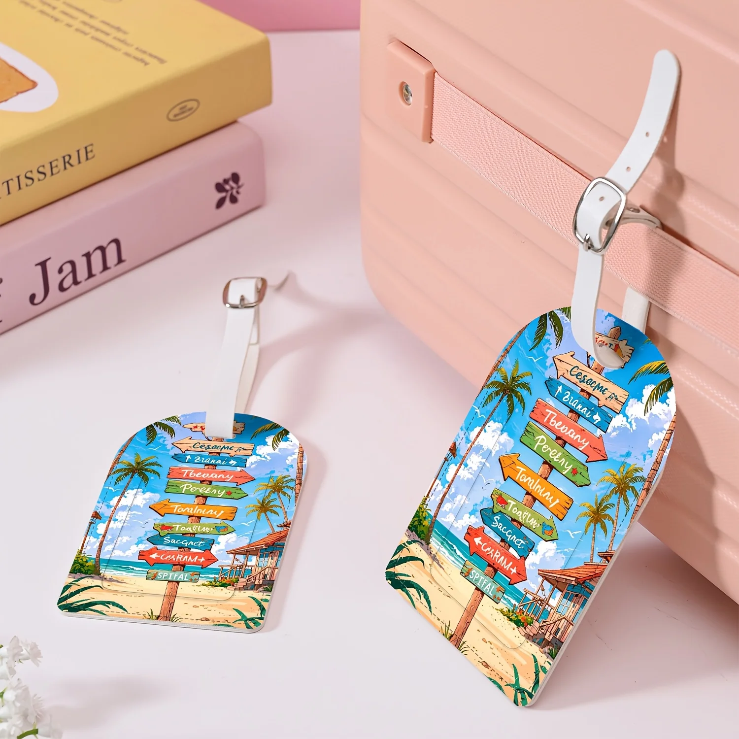 Tropical Beach Directional Signposts Pattern Luggage Tags Lightweight PU Suitcase Tags for Airports Cruises Business Trips