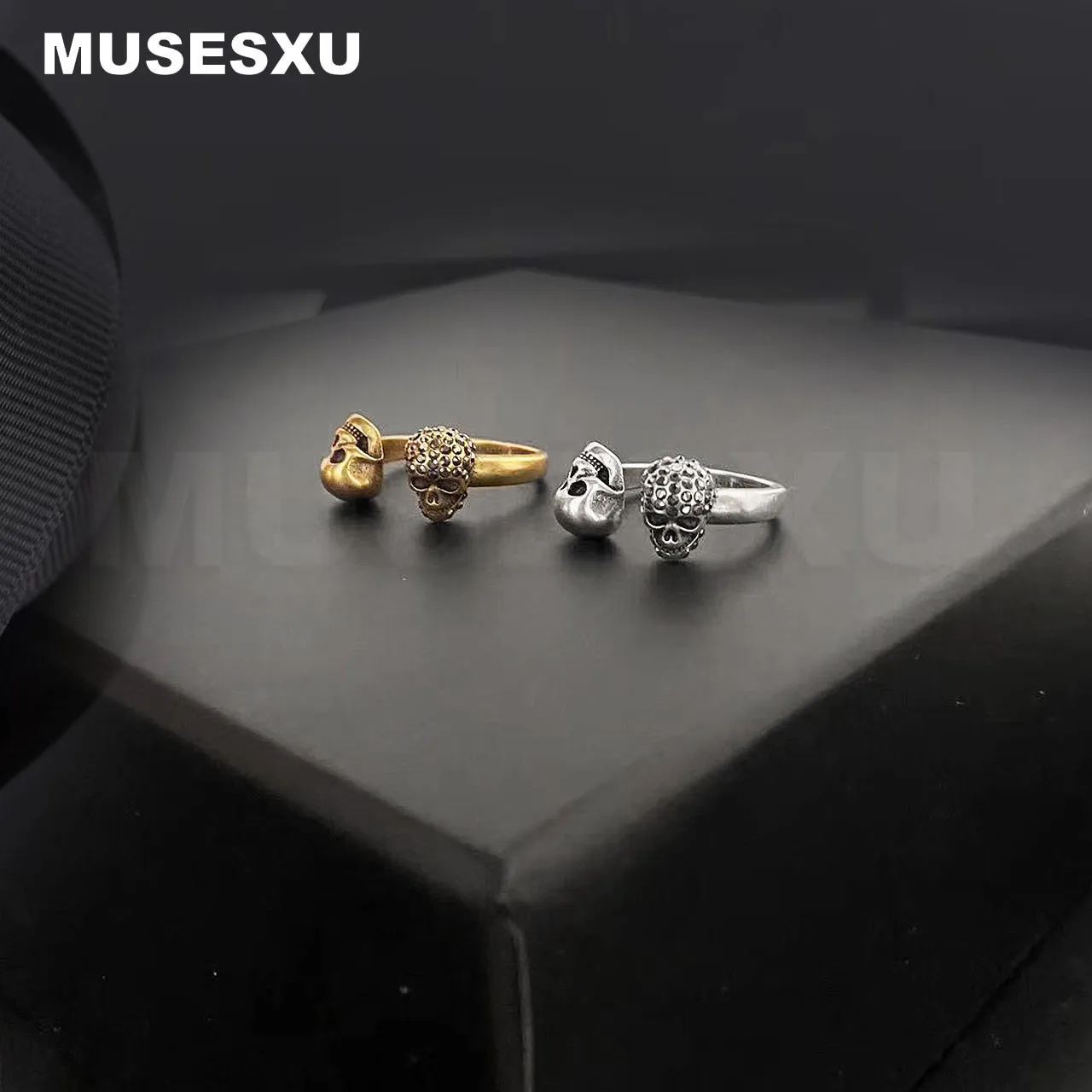 

New Style Jewelry & Accessories Luxury BrandInlaid With Black Zircon Bimetal Skull Open Ring For Women's & Man's Party Gifts