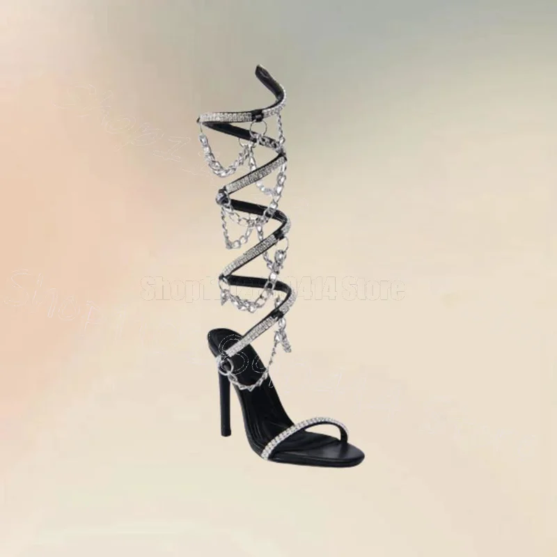 

Silver Chain Crystal Decor Twine Sandals Boots Slip On Women Shoes Thin High Heels Open Toe Party Feast 2024 Zapatos Para Mujere