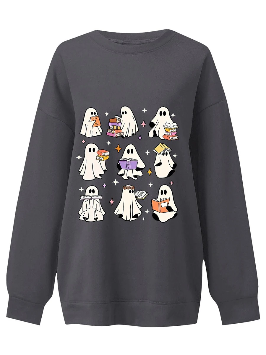 Women Halloween Hoodie Long Sleeve Crew Neck Ghost Print Pullover Sweatshirt Fall Tops