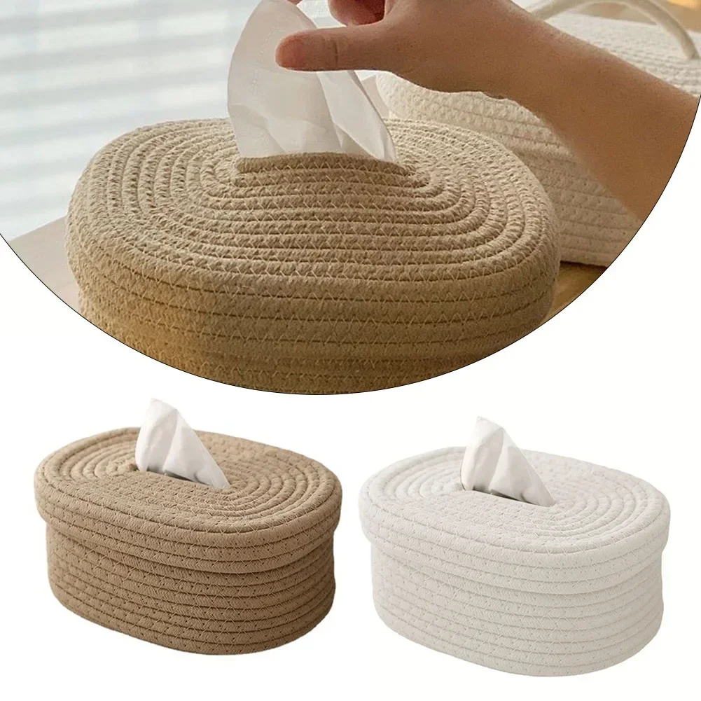 Caja de pañuelos de cuerda de algodón, caja de pañuelos tejida, caja de almacenamiento de escritorio, caja de papel de bombeo, decoración para el