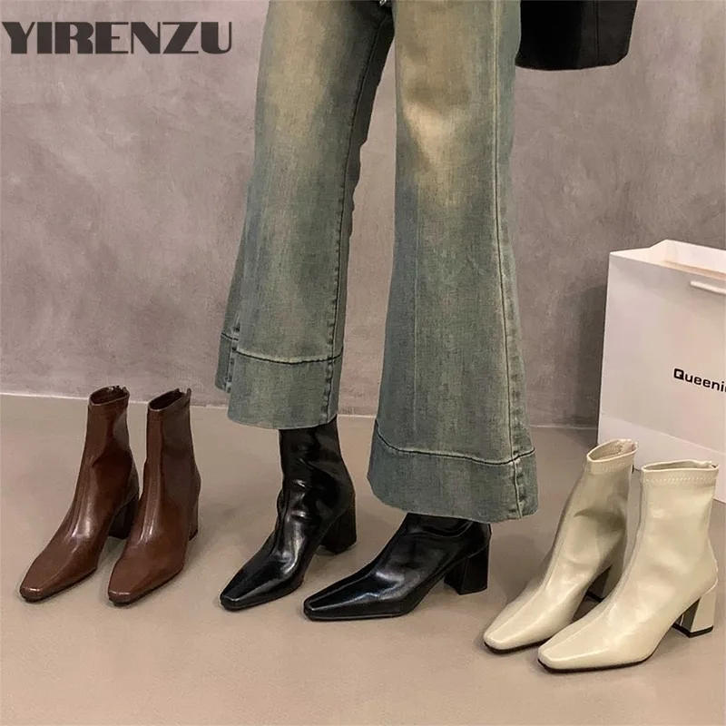 Новый стиль, женские ботильоны с острым носком, модные утягивающие короткие ботильоны на толстом каблуке, осень-зима, женская обувь из мягкой кожи