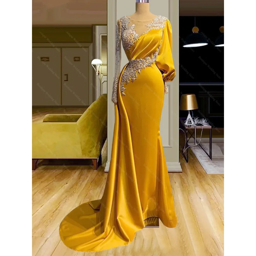 

Luxury Prom Dresses for Women O-Neck Sequined Beads Evening Gowns Fashion Long Sleeves Pleated Custom Made Party Dresses