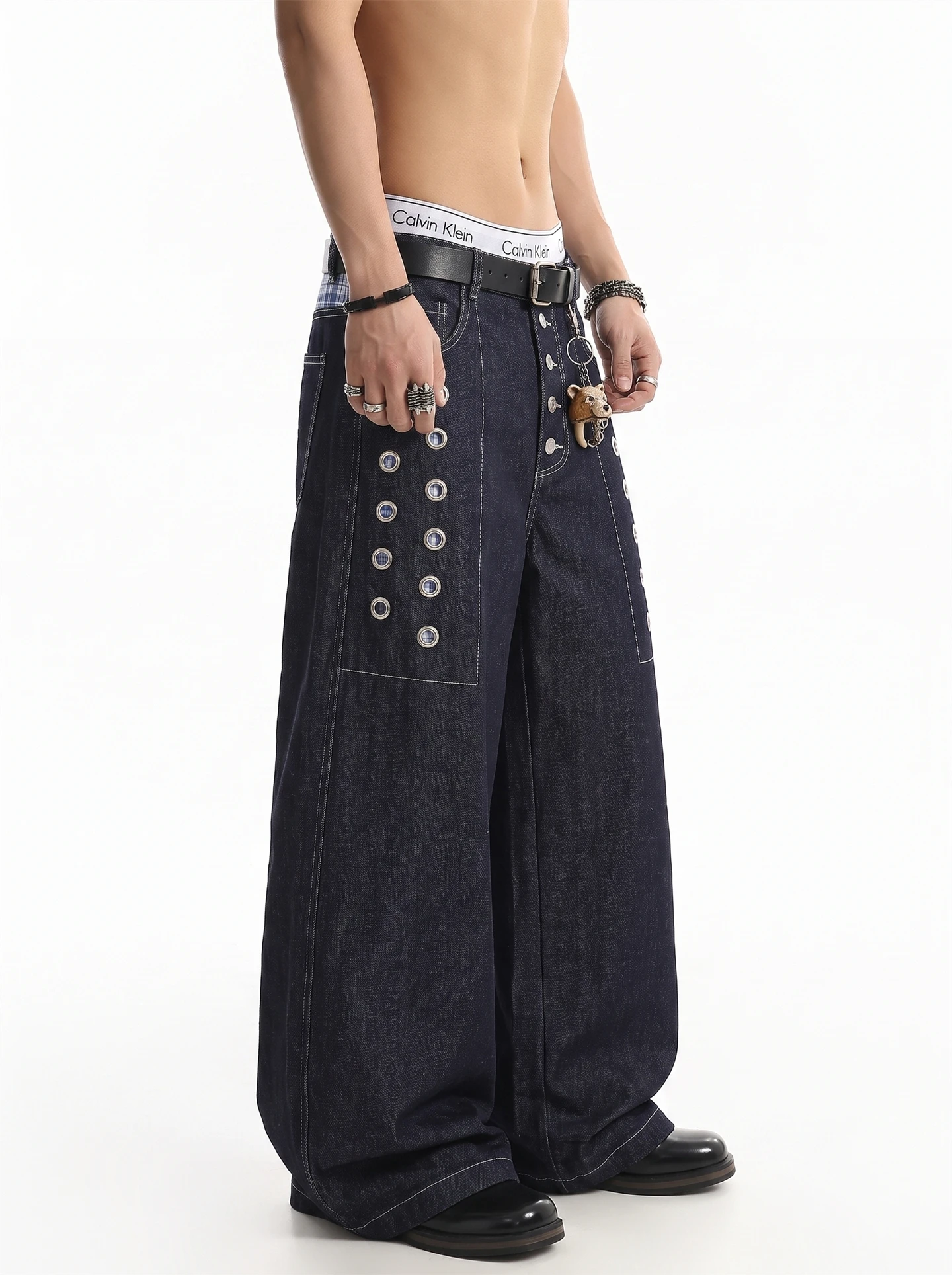 American High Street Spliced Plaid Hollow Rivet Button Subculture Loose Wide Leg Original Denim Men's Jeans Youth Trend
