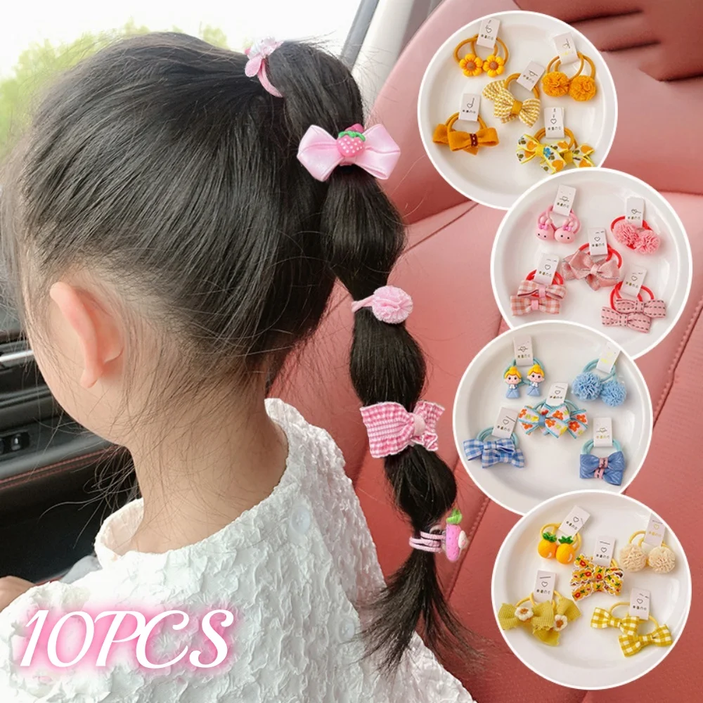 10pcs/set Cute Plaid Bow Hair Tie Chlidren Cartoon Fruit Animal Elastic Rubber Band Scrunchies Girls Ponytail Holder Headdress