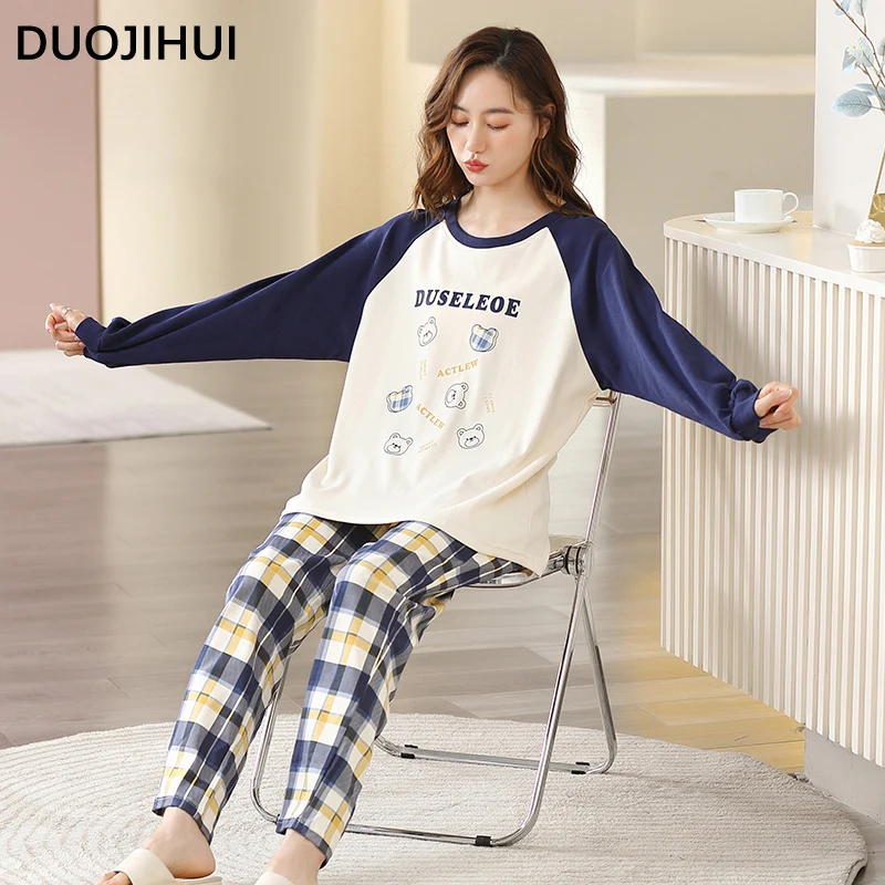 DUOJIHUI-Conjunto de pijamas con estampado elegante para mujer, jersey de manga larga, pantalones clásicos a cuadros, pijamas casuales para el hogar, otoño