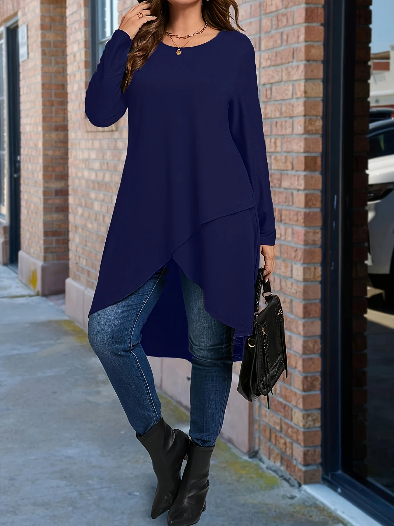 Plus Size Damen-T-Shirt mit elegantem asymmetrischem Saum und langen Ärmeln, Rundhalsausschnitt, lässiges Oberteil, einfarbig, Ganzjahres-Kleidungspullover – Detail 11