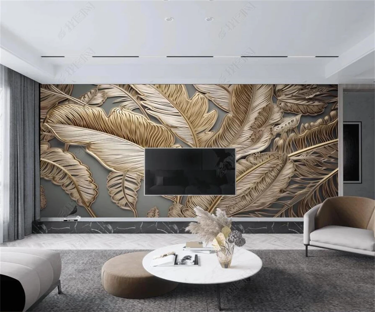 beibehang Customized modern light luxury three-dimensional relief texture gold banana leaf decoration TV background wallpaper