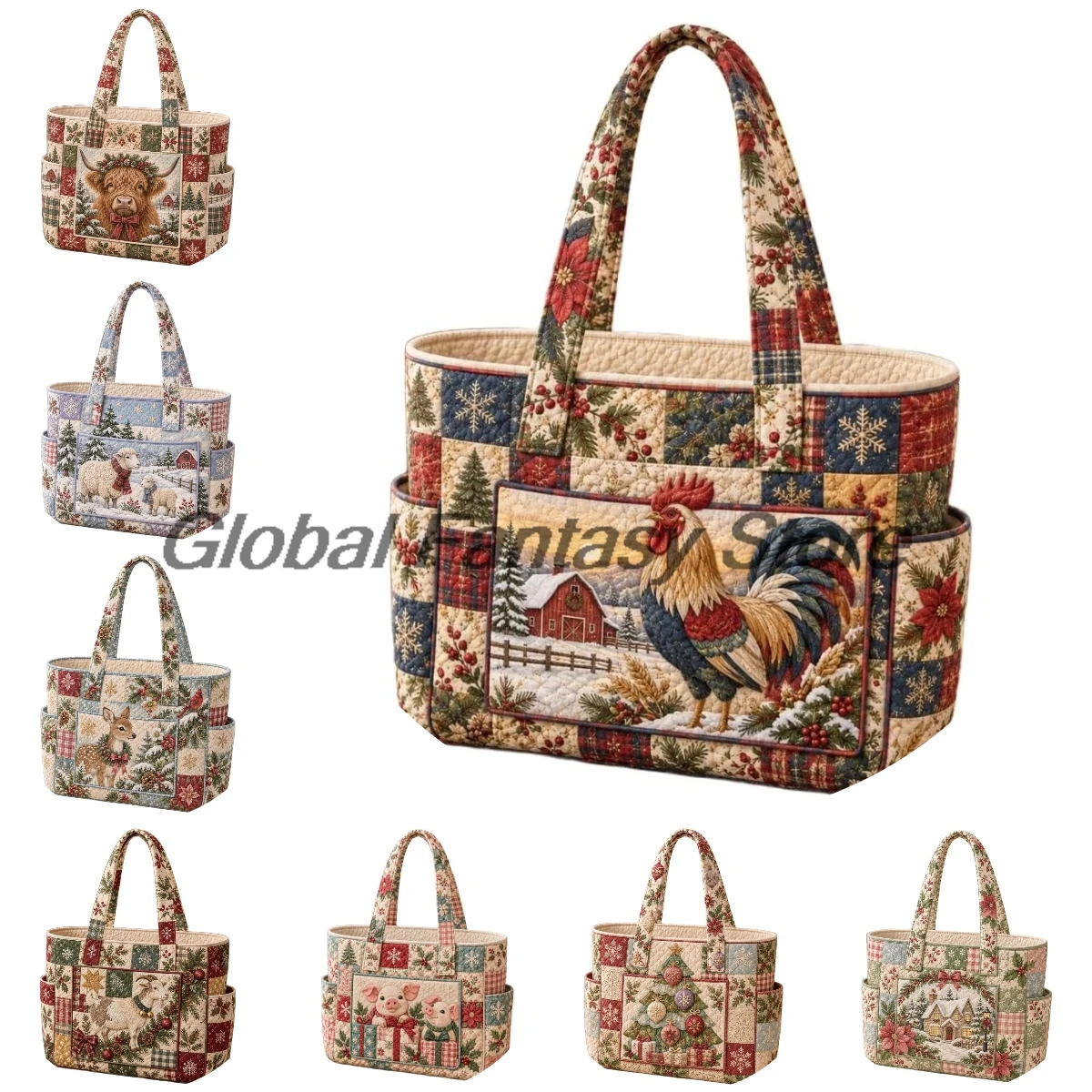 Christmas Patchwork Quilted Tote Bag Xmas Holiday Multiple Pockets Shoulder Handbag Women Daily Shopping Bags