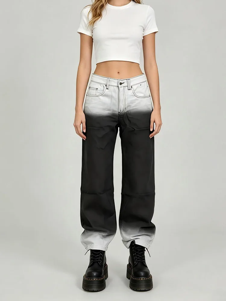 

American high street Y2K style black gray gradient distressed wide leg loose jeans gradient design casual daily street wear