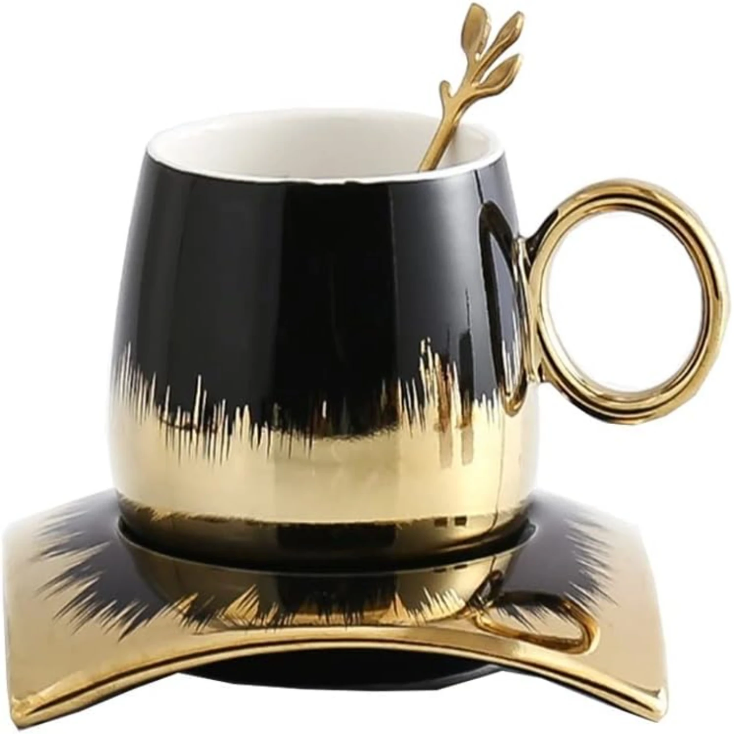 

Stylish and Sophisticated European Ceramic Tea Coffee Cup Set with Exquisite Golden Trim - Complete with Opulent Spoon and Sauce