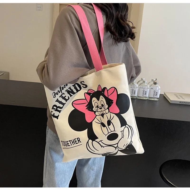 Sacola Disney grande capacidade para mulheres, carta kawaii Mickey Mouse, bolsa de ombro para meninas, bolsa de desenho animado