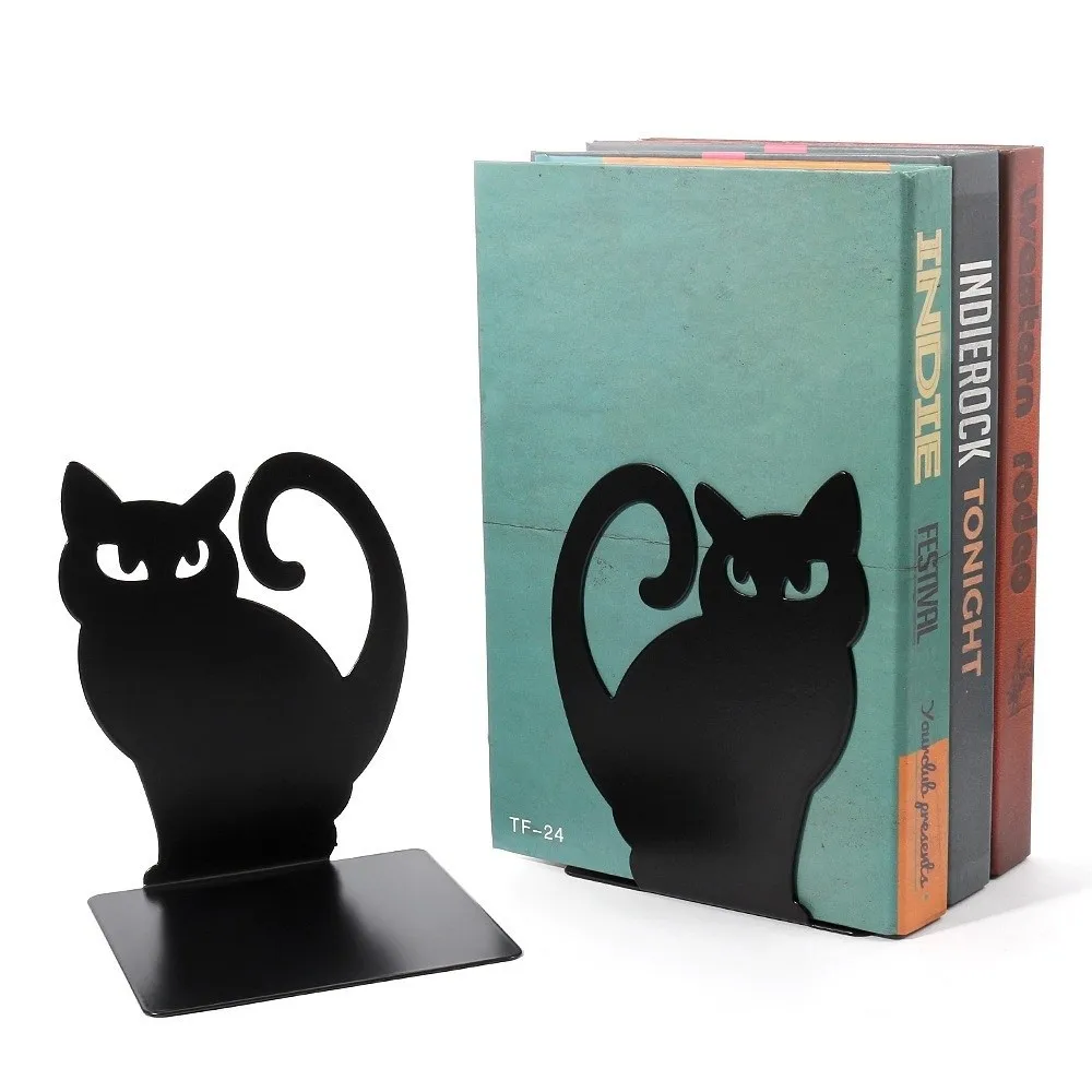 2pcs Iron Decorative Cat Bookend Black Thickening Design Cat Shaped Book Stopper Non-Skid Base 4.72x4.37x5.87in Metal Bookends