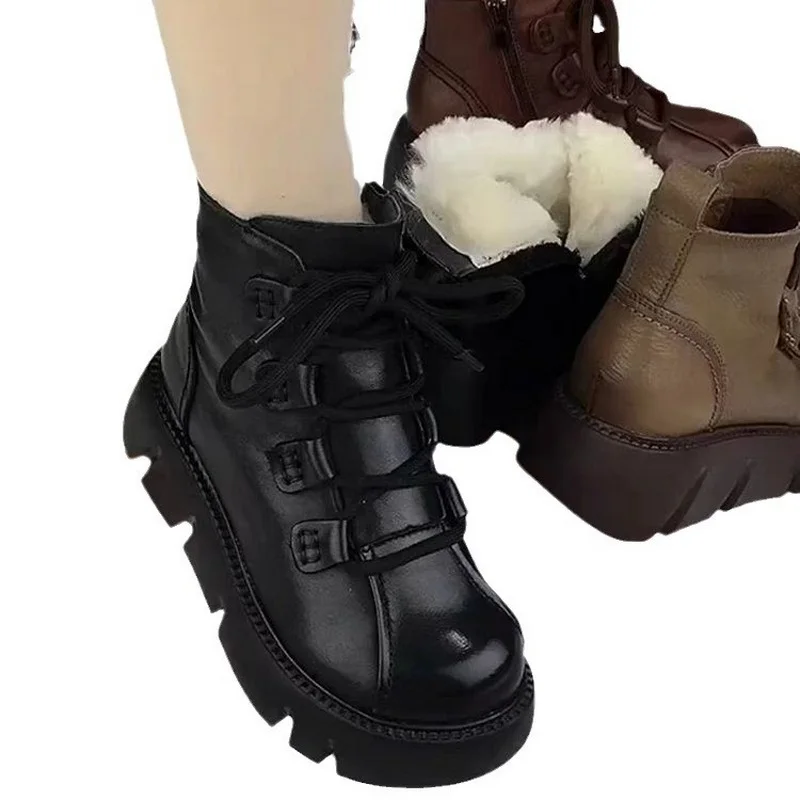 Winter Anti-Slip Women & Girls Snow Boots Thick-Soled Warm Female Antiskid Soft Leather Shoes With Plush Size 35-40