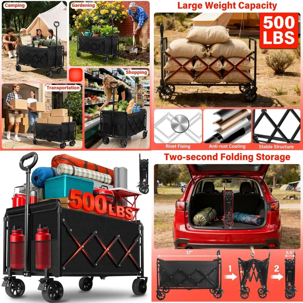 

Folding Heavy-Duty 500lbs Capacity Wagon with Brakes for Outdoor Adventures