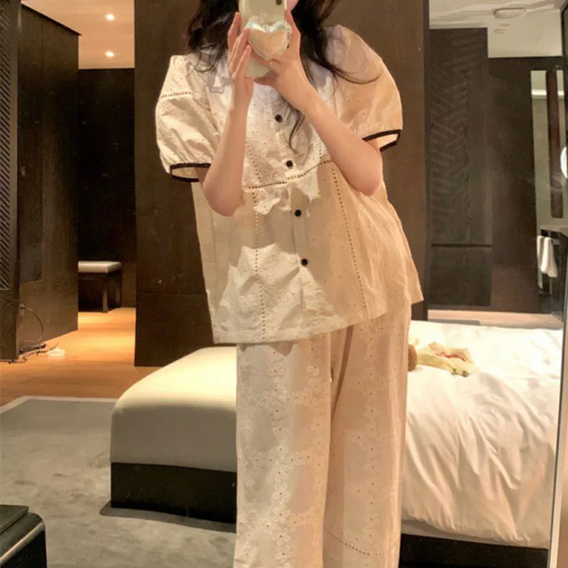 Women's Casual Pajamas Set 2024 Summer Short Sleeve Pants 2 Piece Sets for Women Home Lace Mixed Color Button Apricot Sleepwear