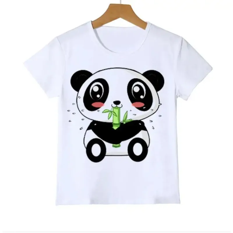 T-shirt panda bonito e engraçado para crianças, coleção animal, padrão dos desenhos animados, camisa de verão para meninos e meninas, tops brancos de manga curta, melhor