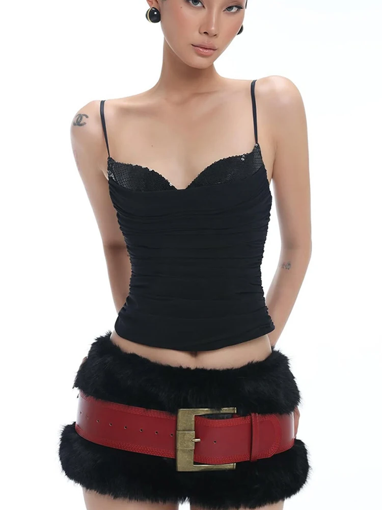 

Cutenew Hottie Sequins Patchwork Camisole Women Backless Low Chest Zip Pleat Sexy Wild Summer Stylish Stretch Slim Streetwear