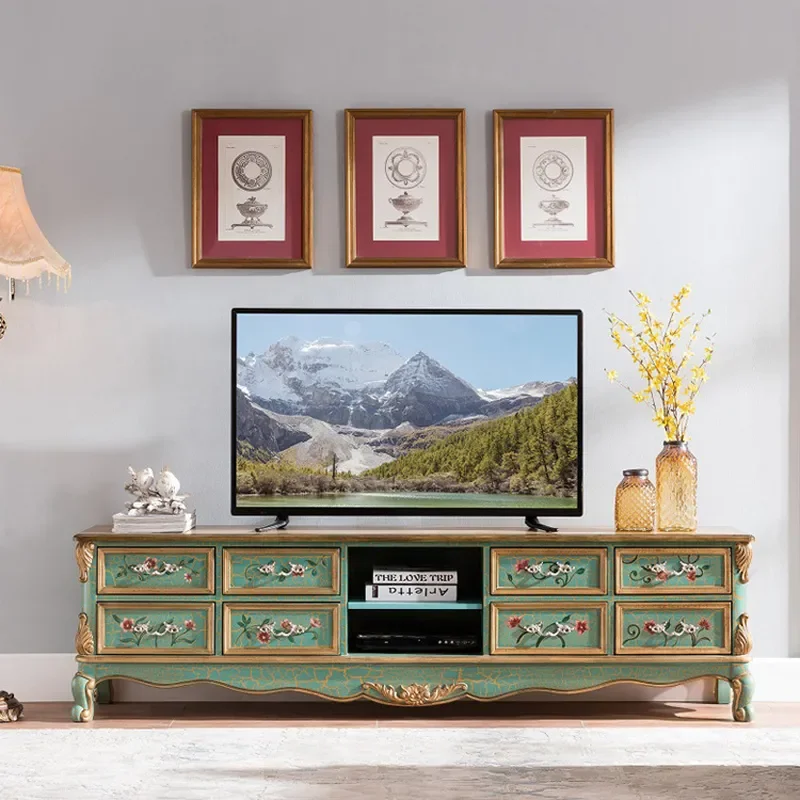 Solid Wood TV Cabinet and Coffee Table Combo 2 Meter Floor Standing Unit for Living Room Vintage Green Crackle Paint Finish