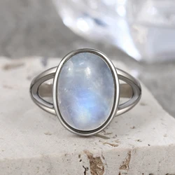 925 Sterling Silver Ring Natural 10*14mm Moonstone Rings Oval Large Gemstone Vintage Fine Jewelry for Women Men
