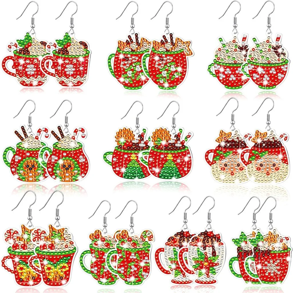10 Pairs Christmas DIY Diamond Painting Earring Kit Acrylic Rhinestone Drop Earrings Handmade Craft Jewelry Gift Kit for Women