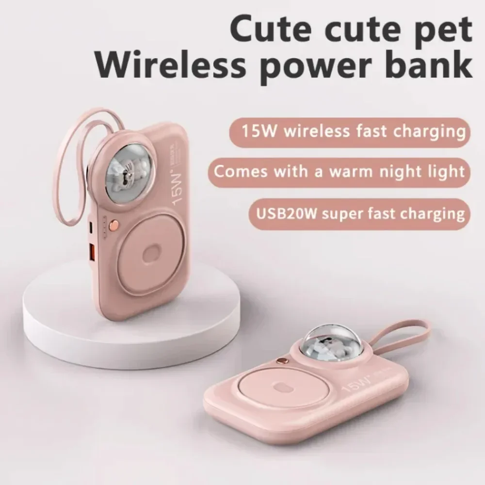 

10000mAh Cute Power Bank with Light Fast Wireless Charger 15W External Battery 22.5W PD USB C for IPhone 14 13 Xiaomi Huawei