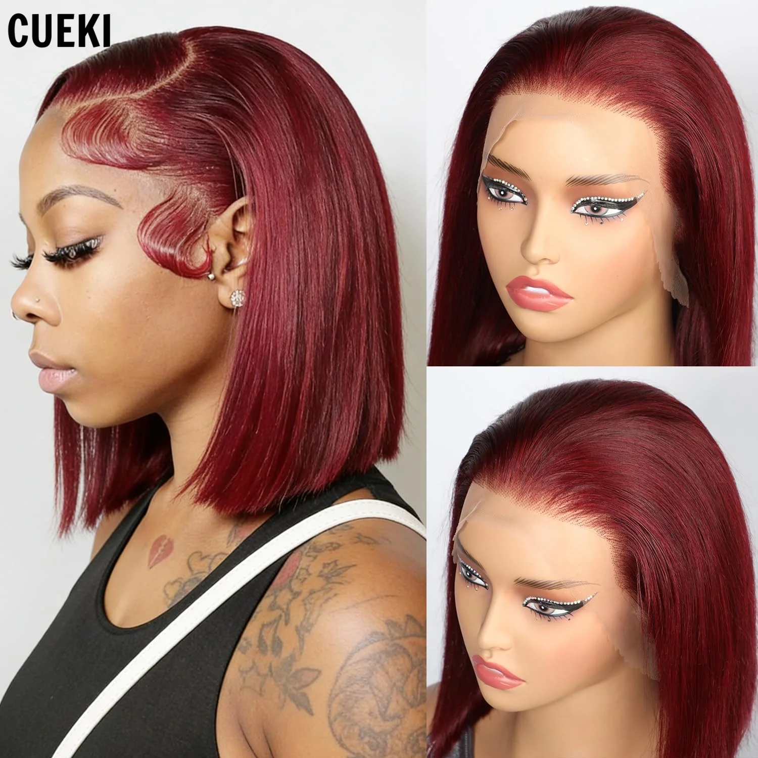 13x6 HD Burgundy Bob Wig Synthetic Hair 13x4 Lace Front Wigs For Women 10 Inch 99J Burgundy Bob Short Straight Wig Pre-Plucked