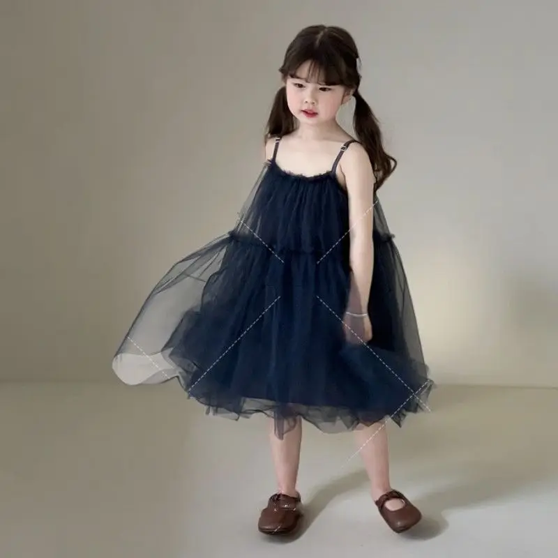 Kids Girls Lace Mesh Dress 2023 New Arrival Children Princess Champagne Slip Dress Baby Girls Summer Sleeveless Dress