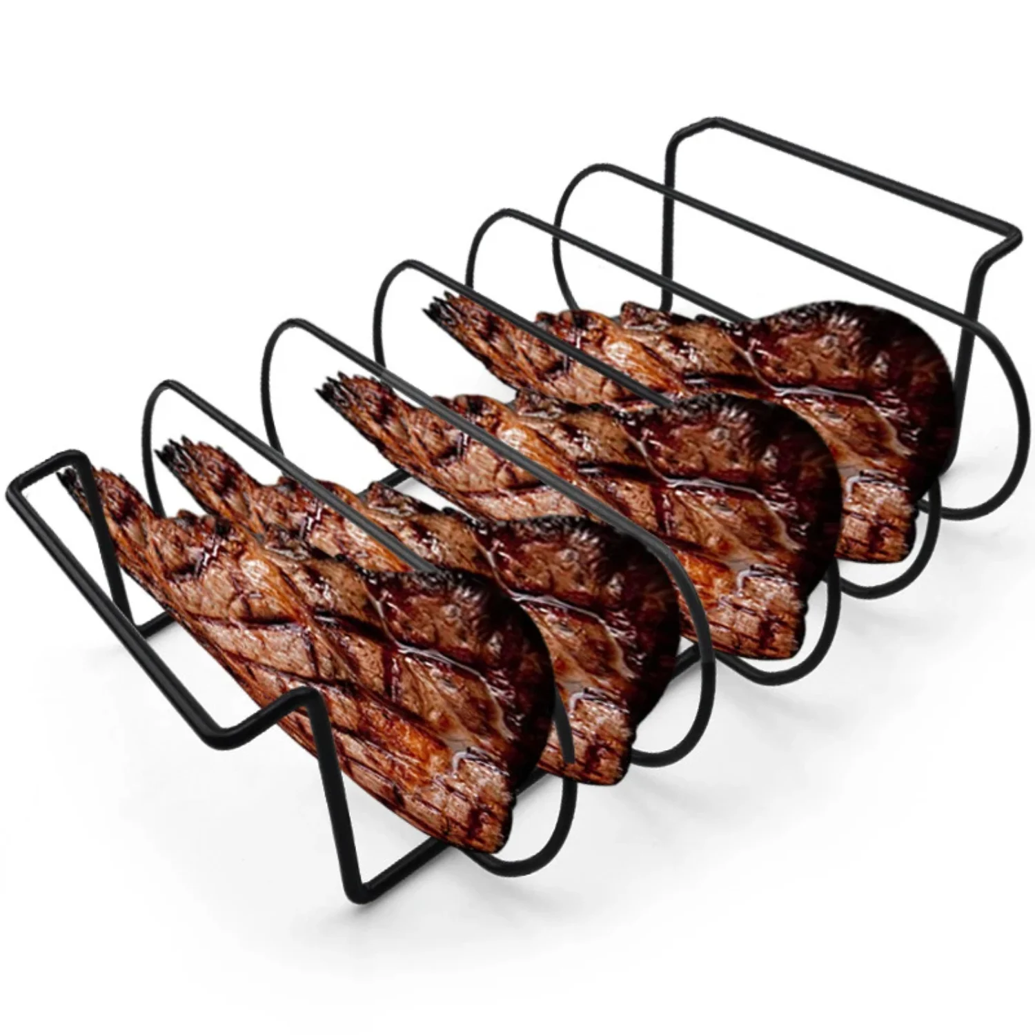 

Non-Stick Rib Shelf BBQ Stand - Iron Roast Rack for Grilling Chicken, Beef Ribs, and More - Black BBQ Grilling Basket