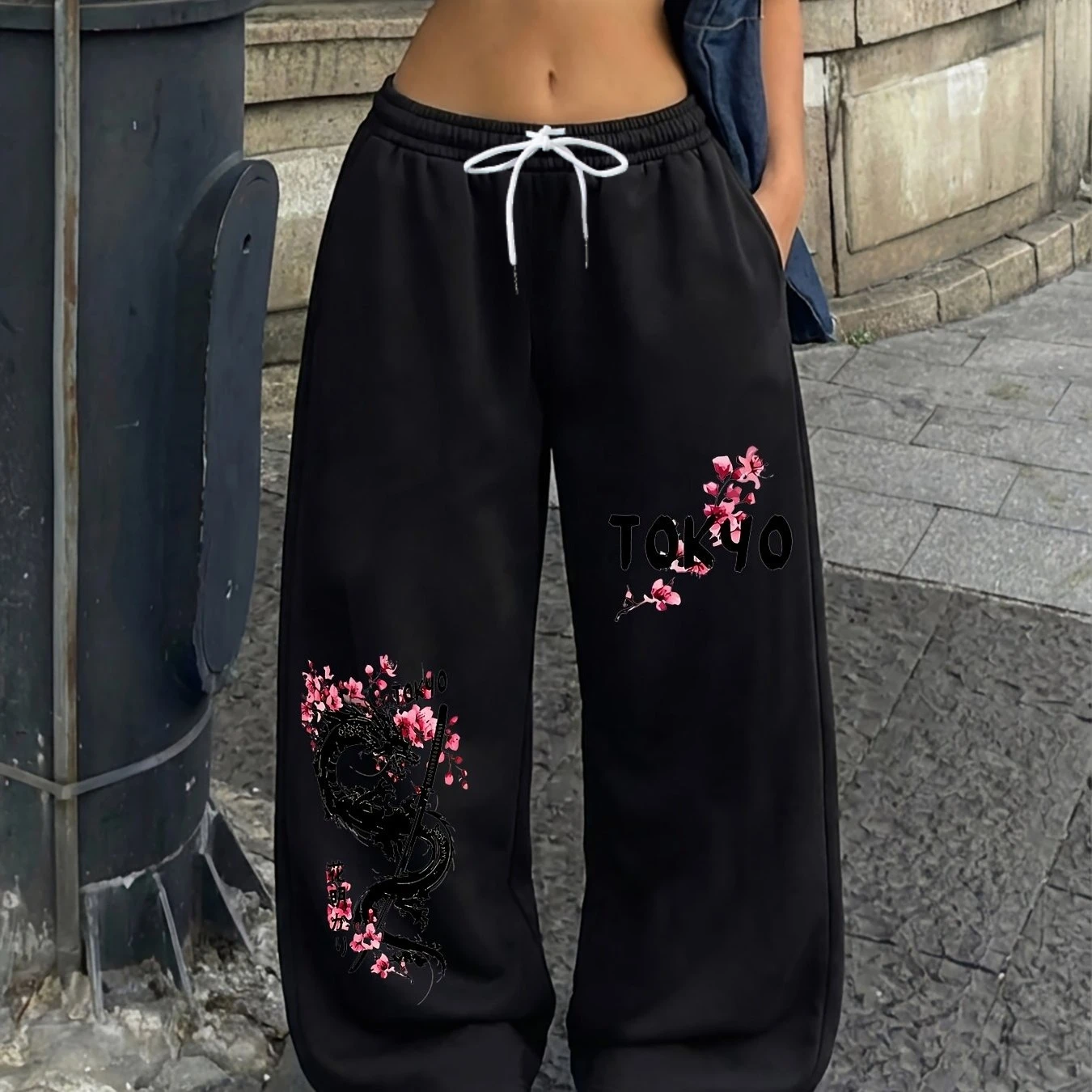 Japanese Style Dragon Cherry Blossom Print 3D Wide Leg Pants with Drawstring Elastic Waist, Unisex, Personalized Hip-hop
