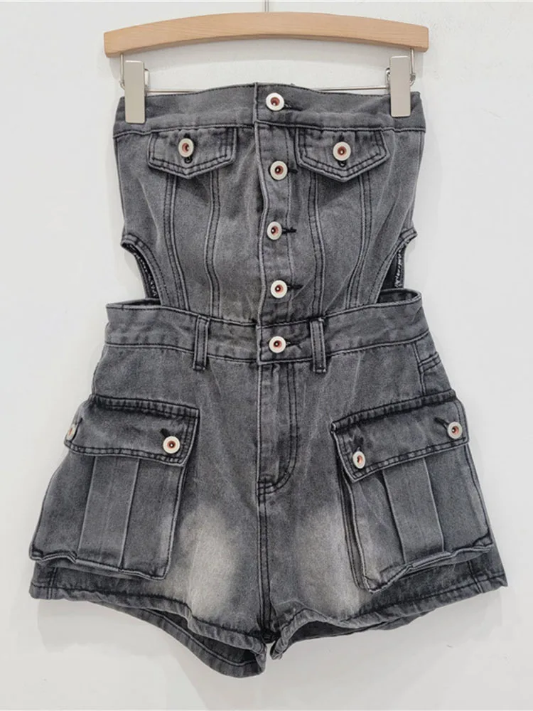 DEAT Trendy Fashion Women\'s Single Breasted Design Denim Cargo Playsuits 2024 Summer Pockets Strapless Rompers Female 33A1583