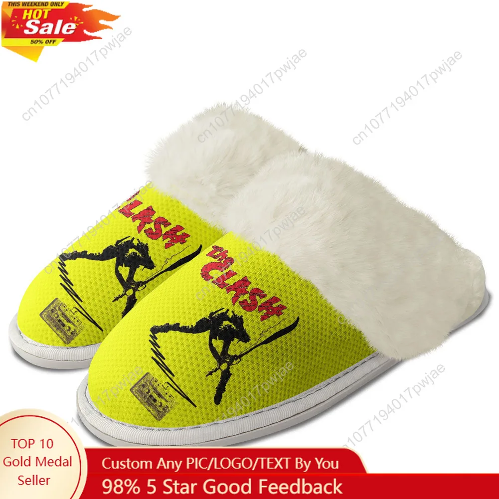 The Clash Rock Band شباشب قطيفة تحافظ على الدفء أحذية رجالي ونسائي للمنزل من القطن لغرفة النوم خفيفة الوزن شبشب دافئ أحذية مخصصة