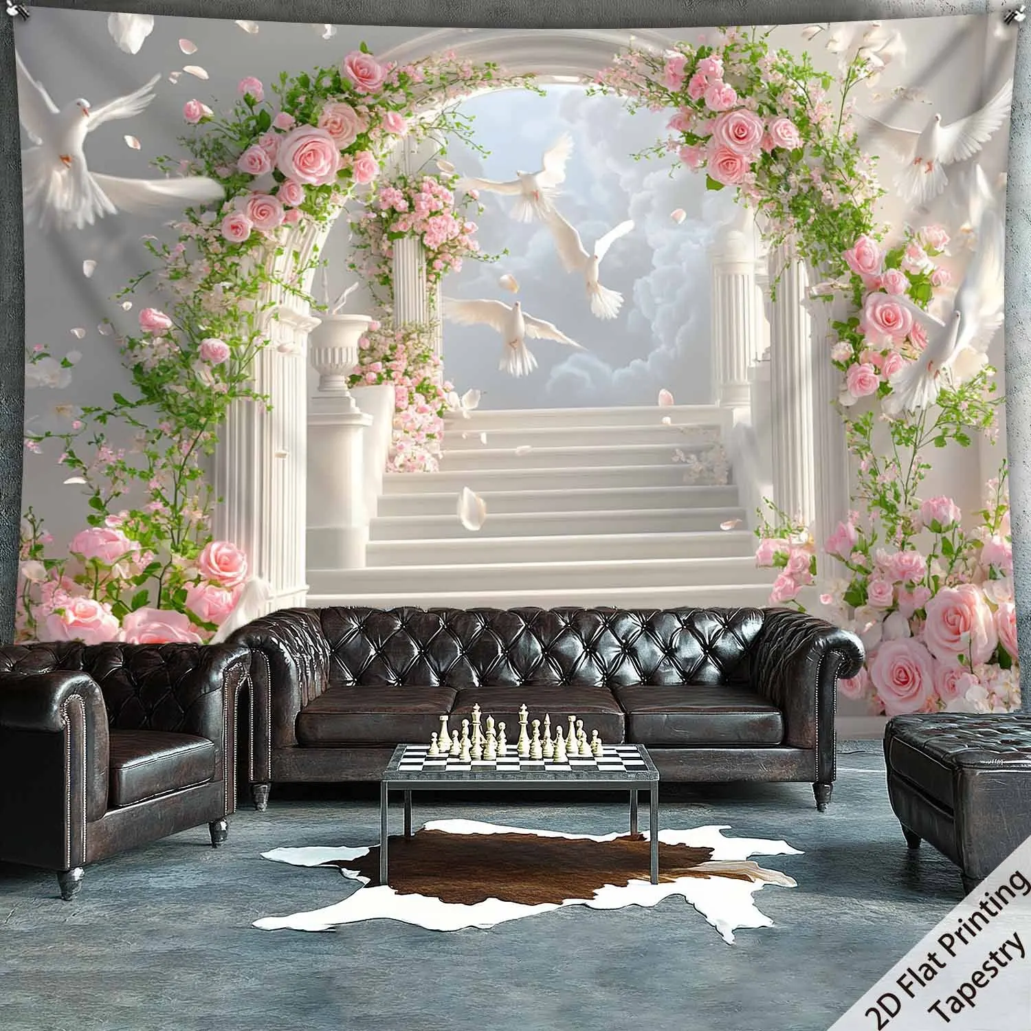 Romantic Rose Arch White Doves Stairs Classical Columns Wall Tapestry Wedding Decor Home Interior Art Living Room Decoration