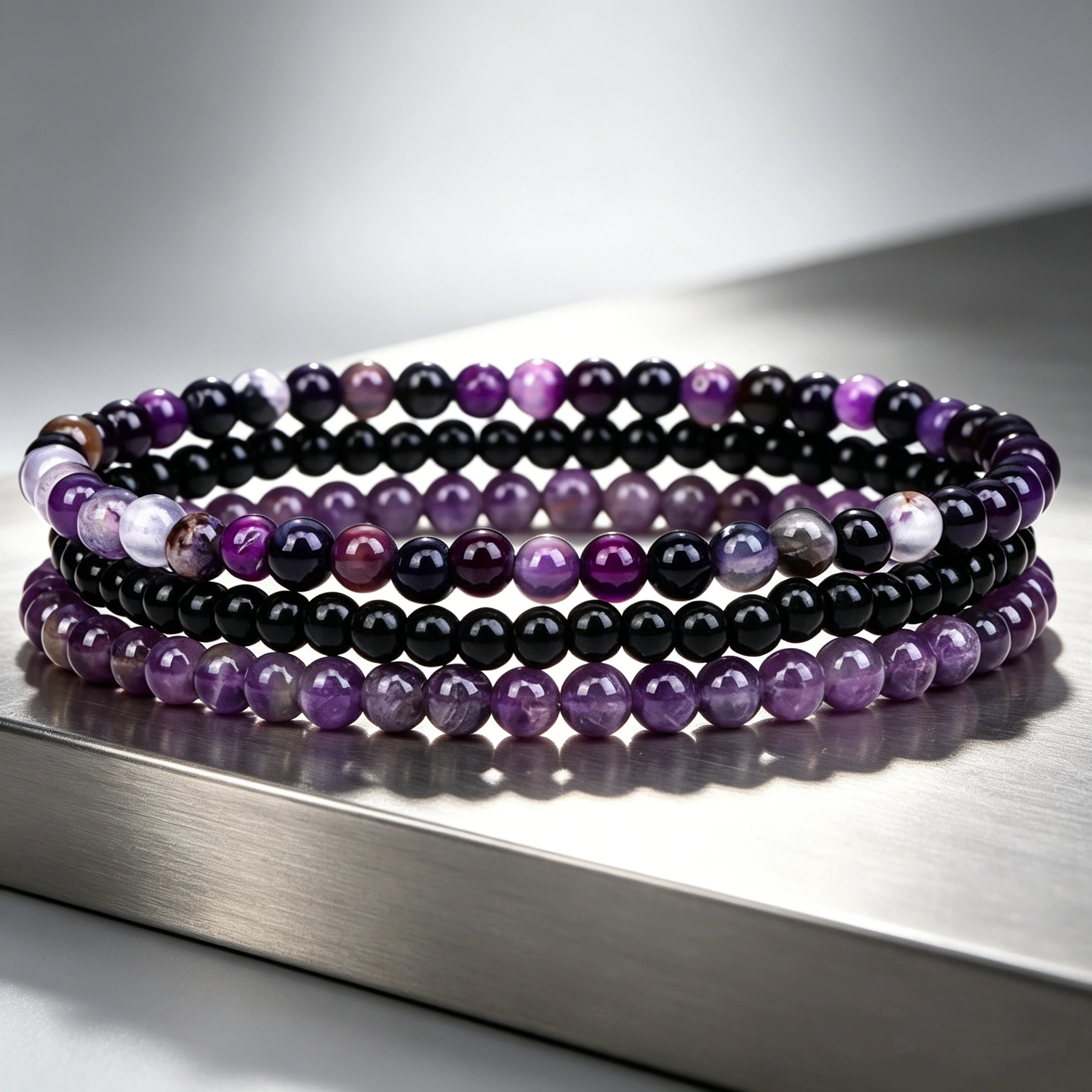 3Pcs/set 4mm Stone Beaded Bracelet Set For Women Men Health Protection Gift Rose Quartzs Amethysts Black Onyx Beads