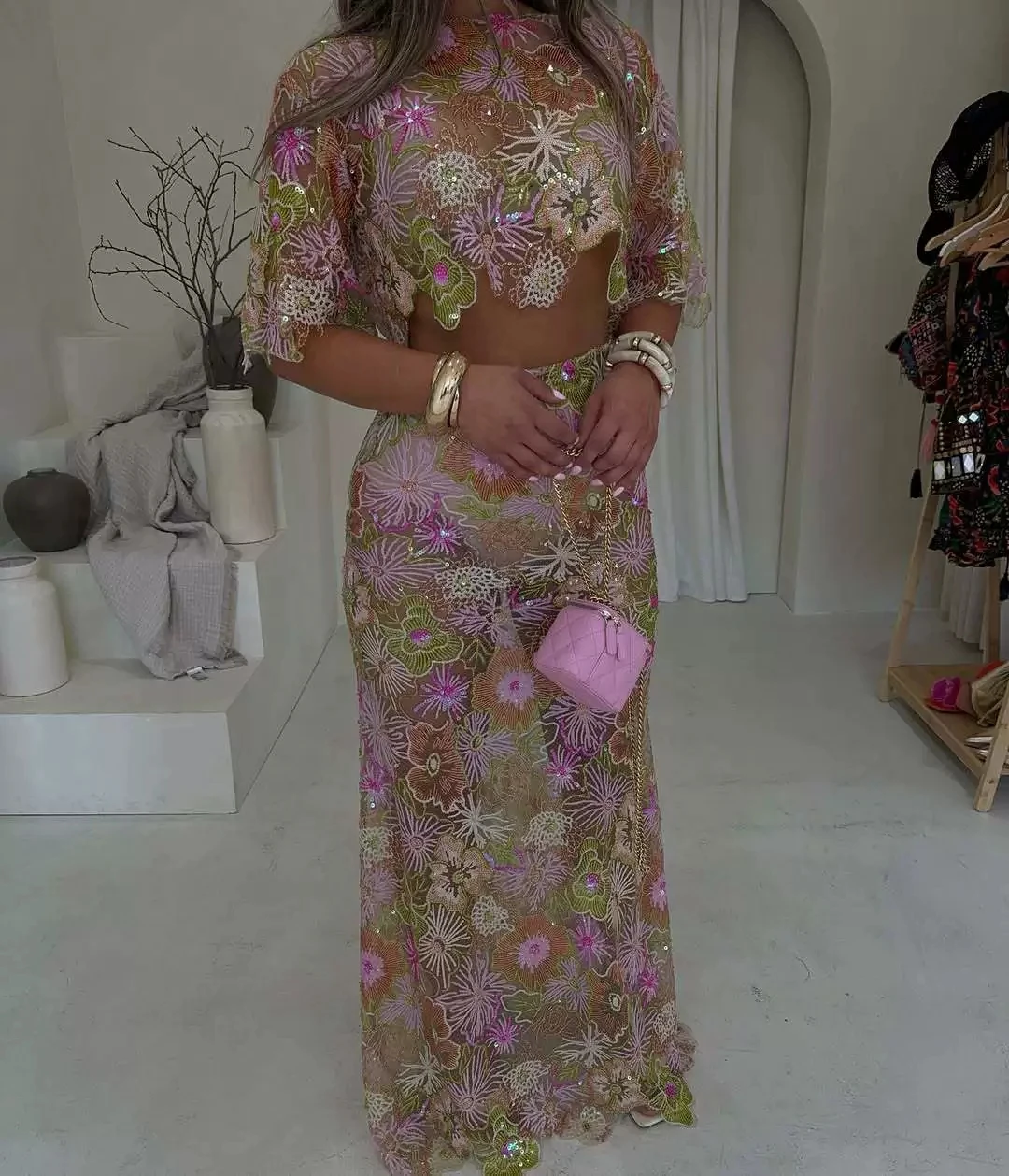 Flower Sequin Embroidery Skirt Two Piece Set Women Fashion Sexy Irregular Cropped Top See Through Skirts 2 Piece Sets Streetwear image 5