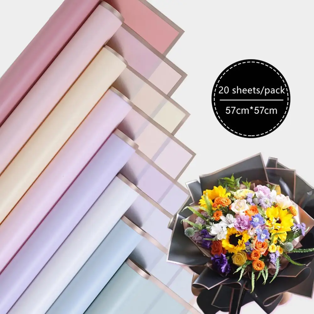 

20pcs Flower Wrapping Paper Waterproof Matte Semi-permeable Gold Border Jelly Color Bouquet Packaging Paper drop shipping