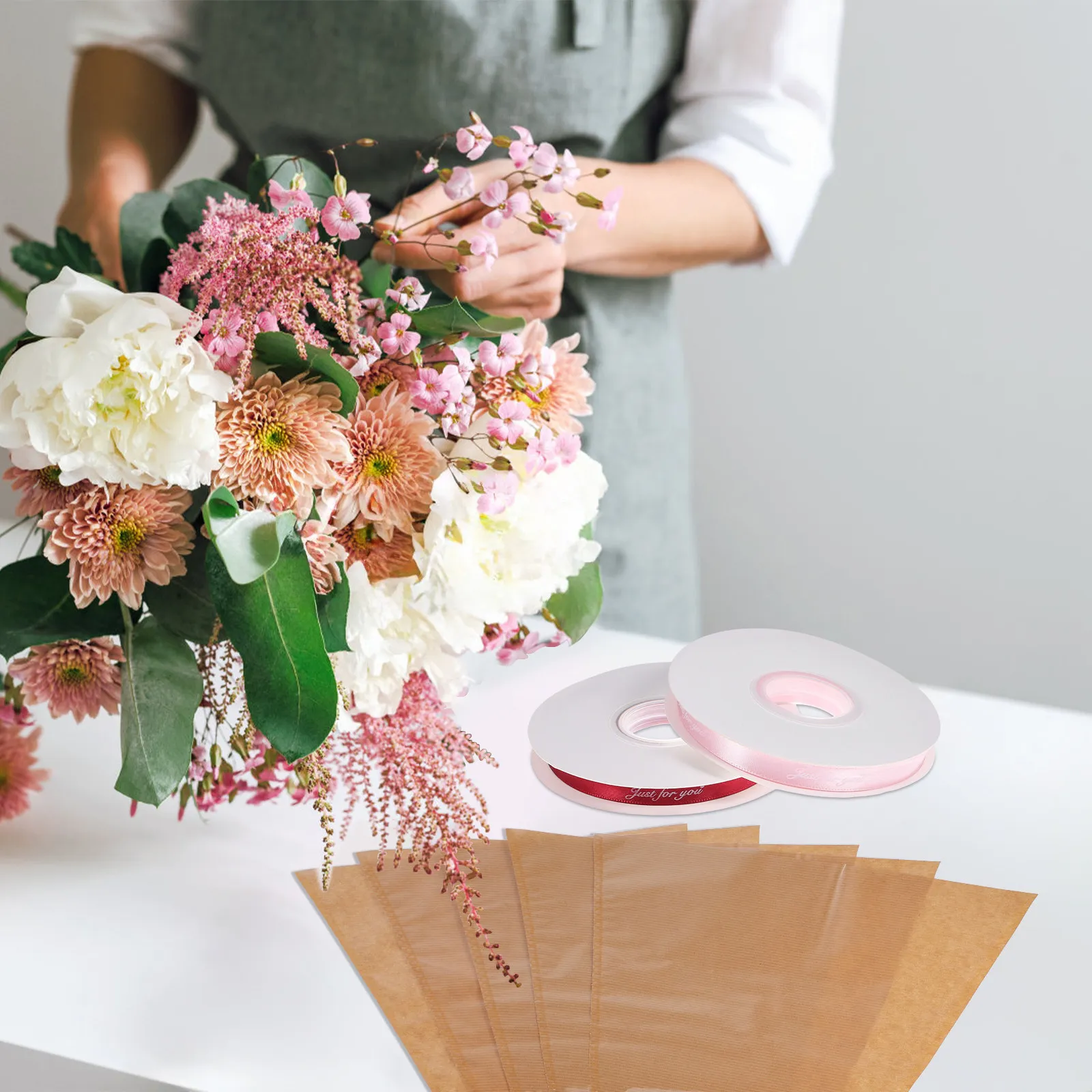 1set-flower-packaging-bags-kraft-paper-bouquet-sleeves-clear-view-front-rustic-design-with-assorted-ribbons-wedding-birthday