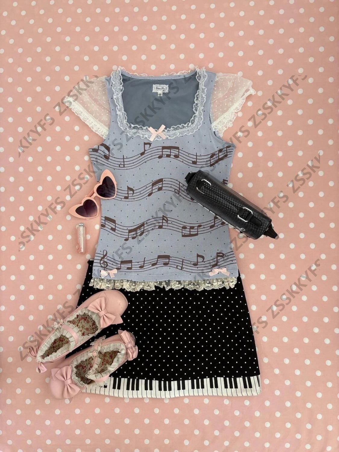 Blue Lace Short sleeves Musical note 2000s Tshirt Sweet Girl Summer Slim Top Woman Japanese Y2k Clothes Tee Kpop Polka Dot Shirt