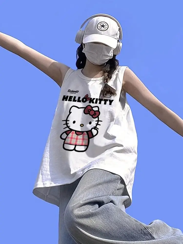 

Women's Hello Kitty Cotton Sleeveless Tank Top Cute Cartoon Print Loose Fit Casual Vest Comfortable Summer Wear