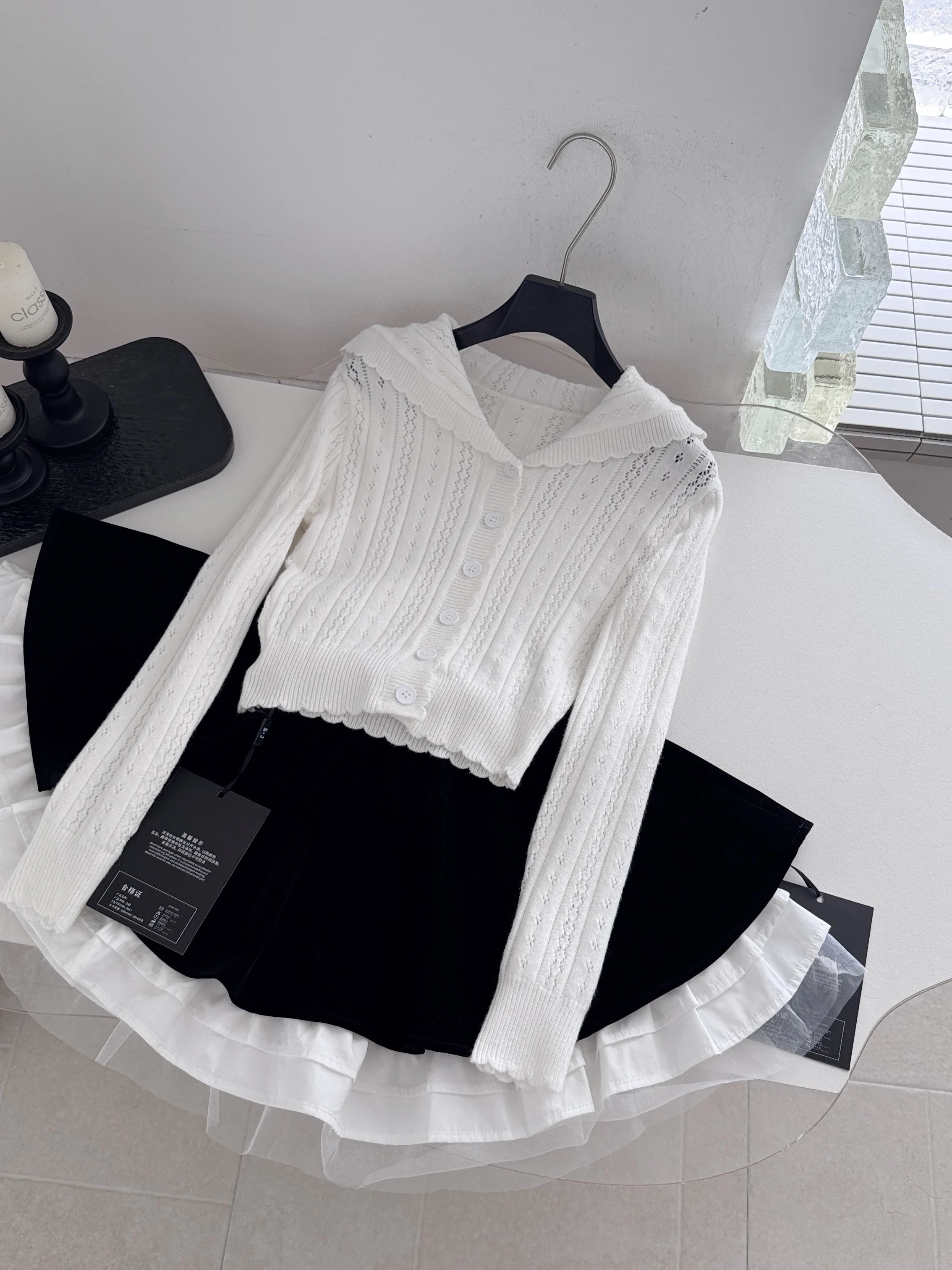 Slim Fit Navy Collar Sweater Three Piece Set Women's Fashion Autumn Collection White Court Style Shirt Puffy Half Skirt