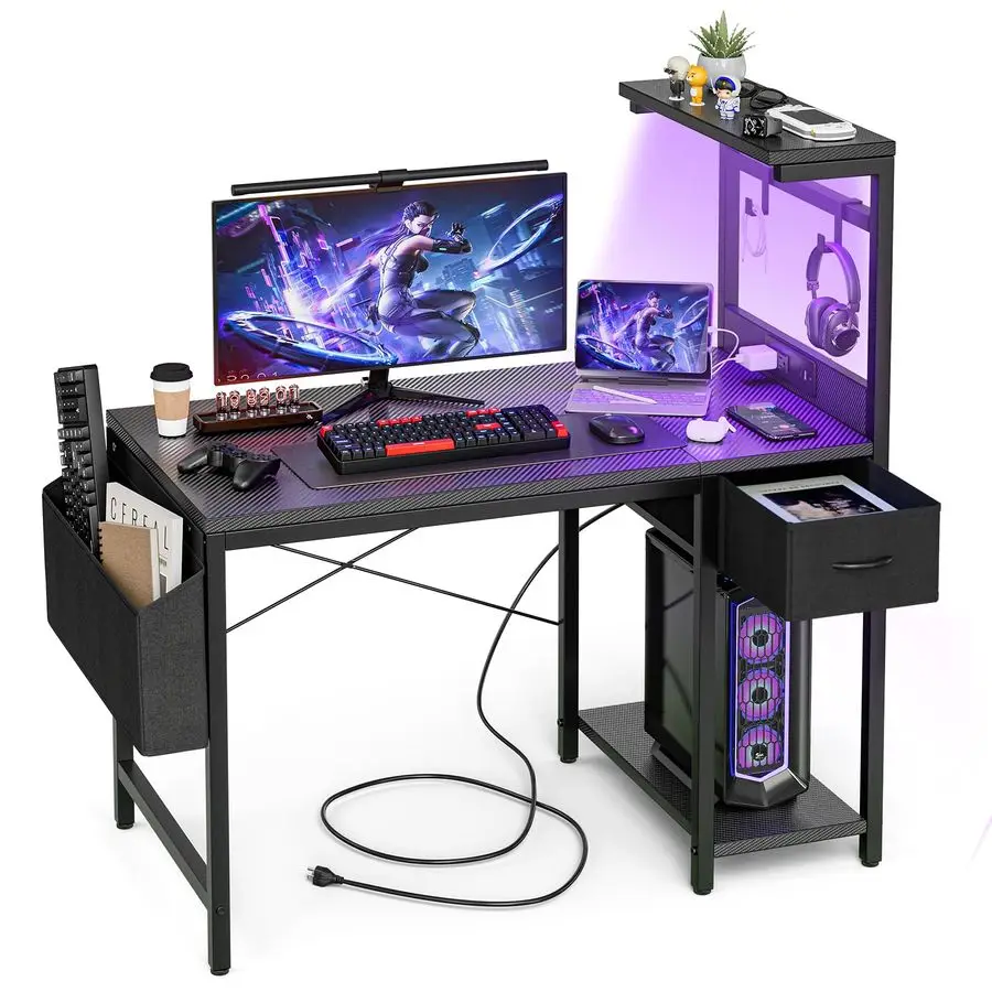 

Игровой стол 40 дюймов с розеткой и LED-подсветкой, компьютерный стол с переставными полками и выдвижным ящиком для хранения, компактный ПК-стол