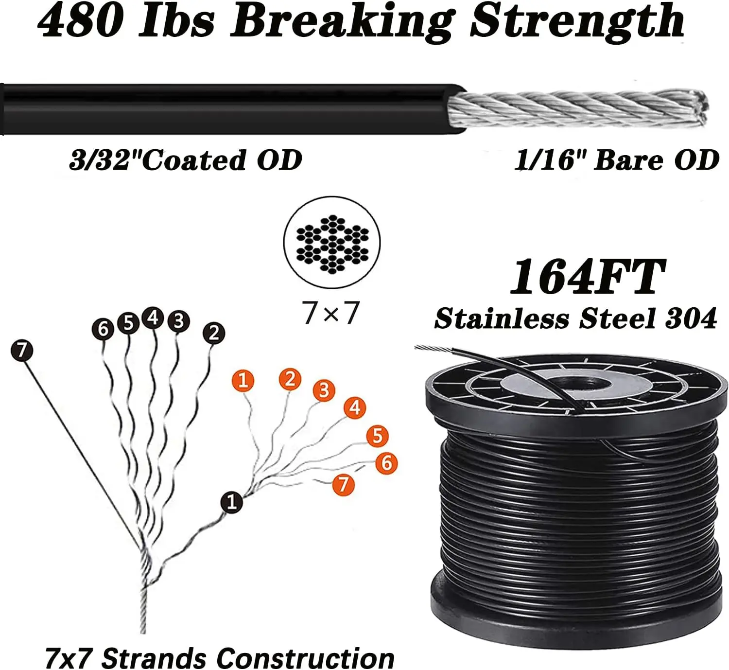 String Light Hanging Kit,164 FT Coated Stainless Steel Wire Rope